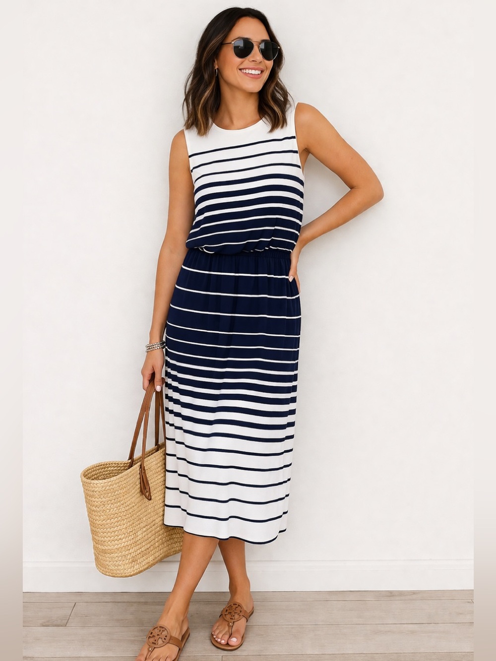 Liz Claiborne Navy White Striped Midi Dress Sleeveless Blouson Coastal
